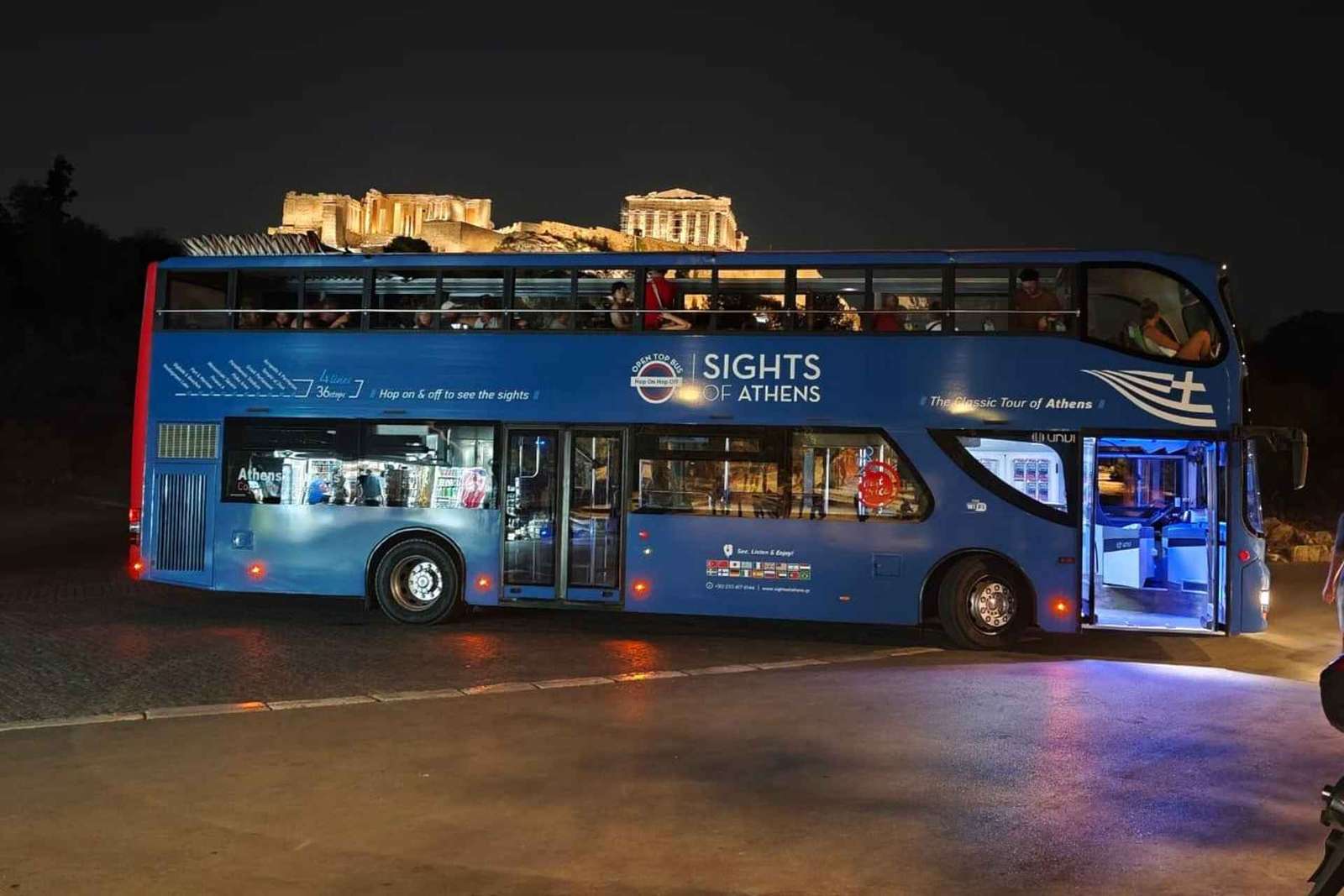 Excursão panorâmica noturna por Atenas em autocarro de dois andares aberto