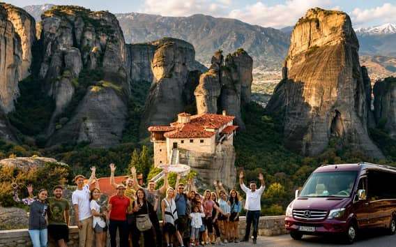 Atenas: Excursión de un día a Meteora en inglés/español y puesta de sol majestuosa